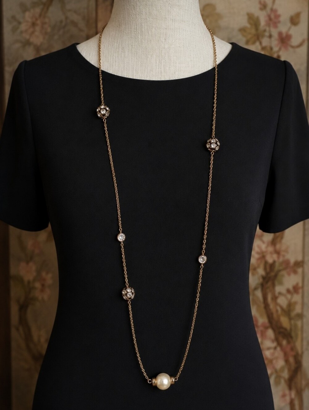 J. CREW Long Gold Tone Faux Pearl Clear Crystal Disco Ball Rhinestone Necklace